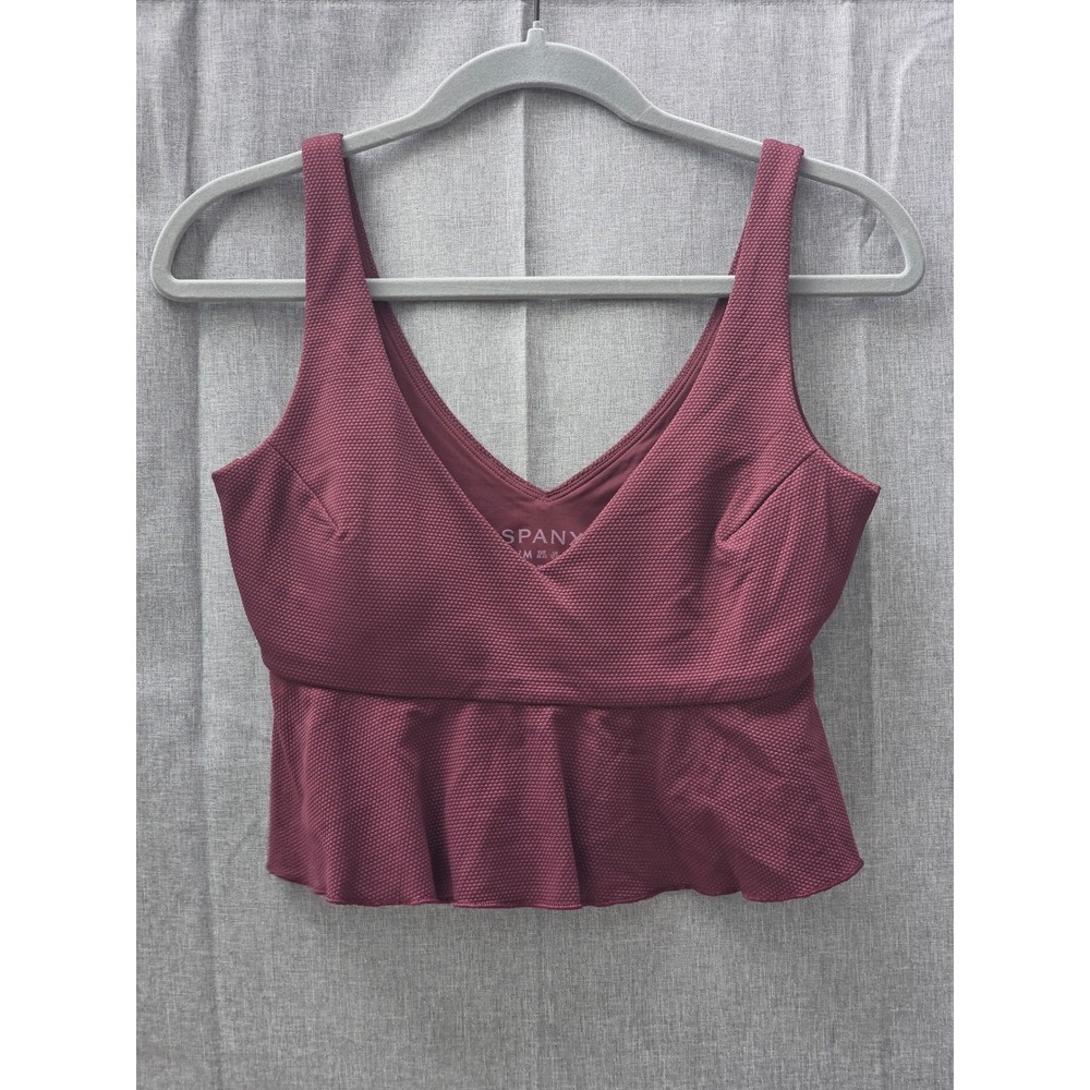 Spanx Pique Peplum Swim Top Burgundy V-Neck Textured Bikini Tankini Med 50378R